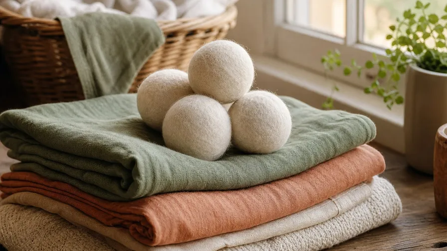 Wool dryer balls sitting on top of folded laundry